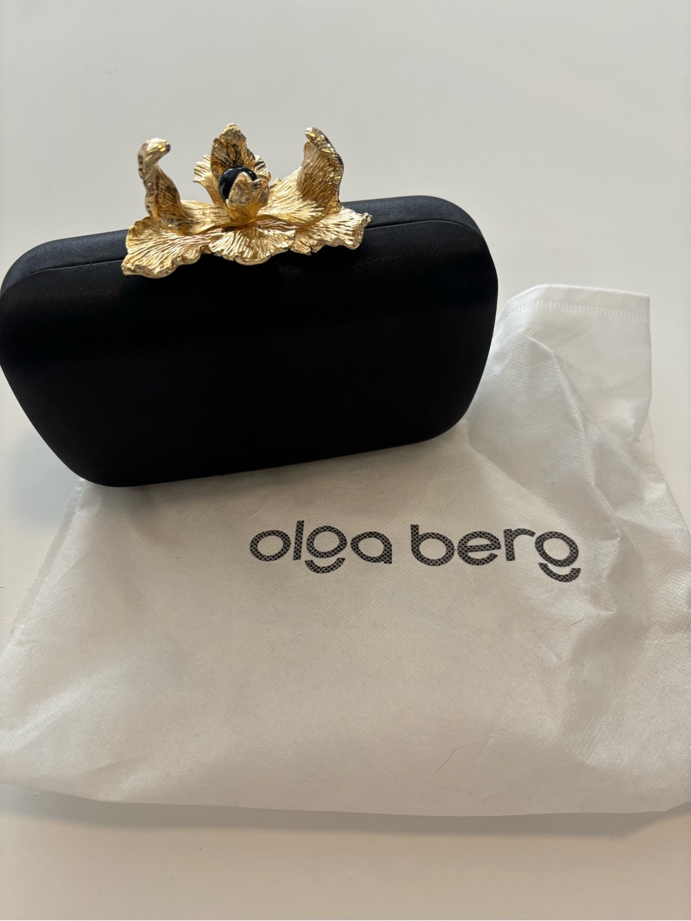 Olga Berg Black Clutch with Gold Floral Clasp